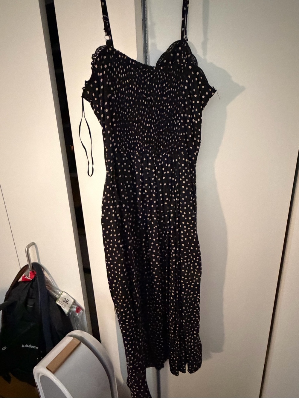 Women's Black Polka Dot Midi Dress with Spaghetti Straps